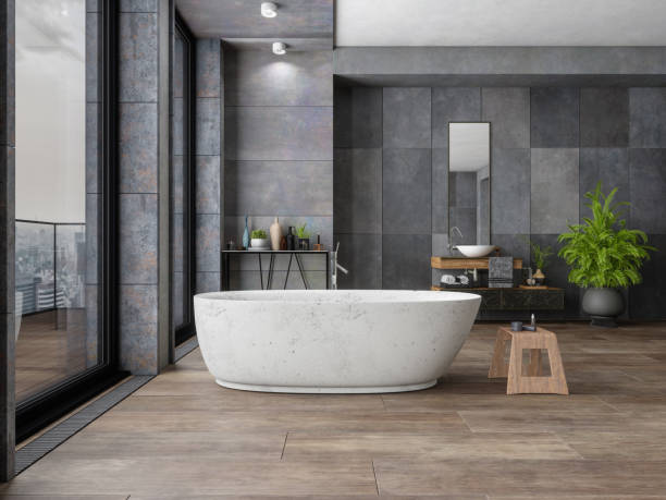 Bathroom dark tile flooring with bath tub | Speers Road Broadloom